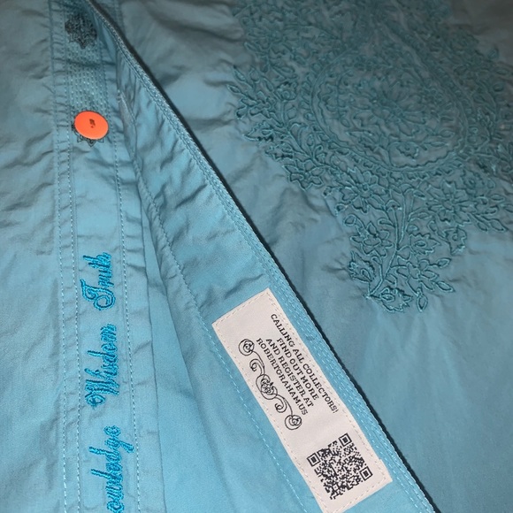 Robert Graham Aqua Button Down Shirt with Multicolor Collar - Picture 2 of 5